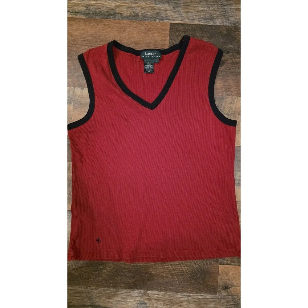 LRL Ralph Lauren Sleeveless Tank Top Women XL Red Navy V-Neck Ribbed Cotton Logo